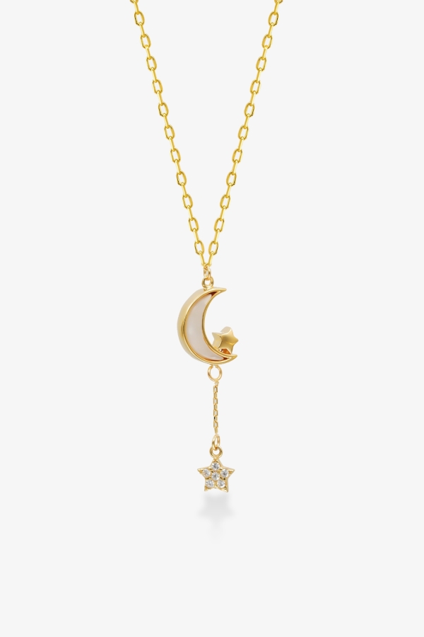 Gold Hilal Yıldızlı Sedef Altın Kolye