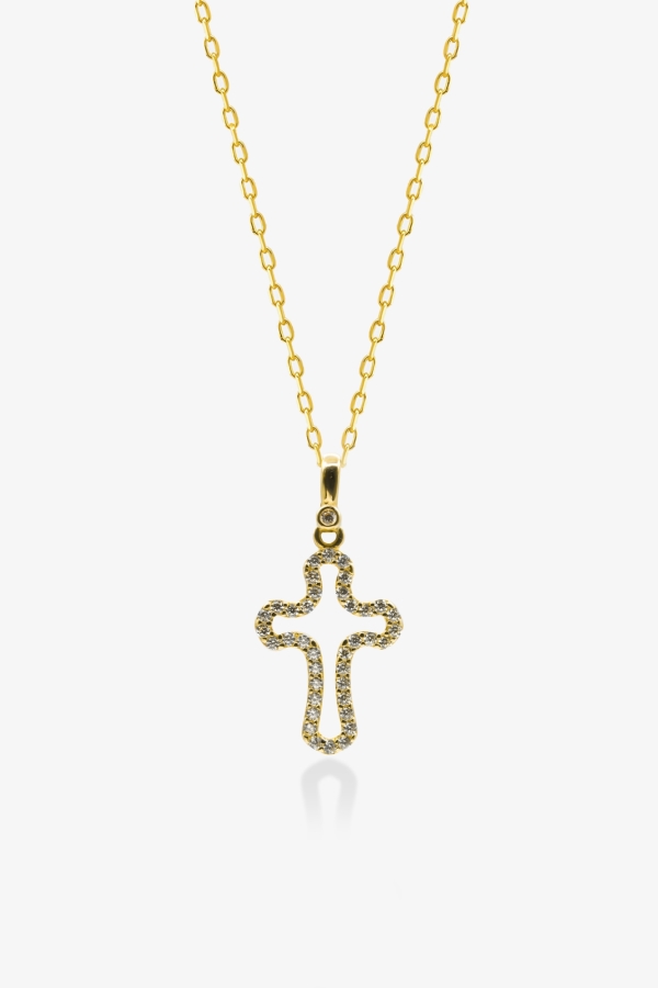 Gold Taşlı Haç  Altın Kolye
