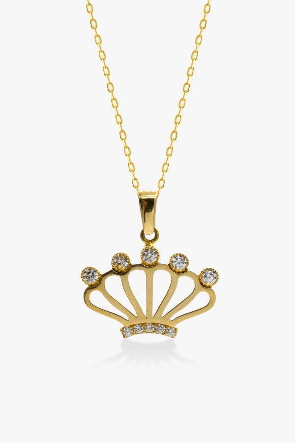 Gold Taşlı Kral Tacı Altın Kolye