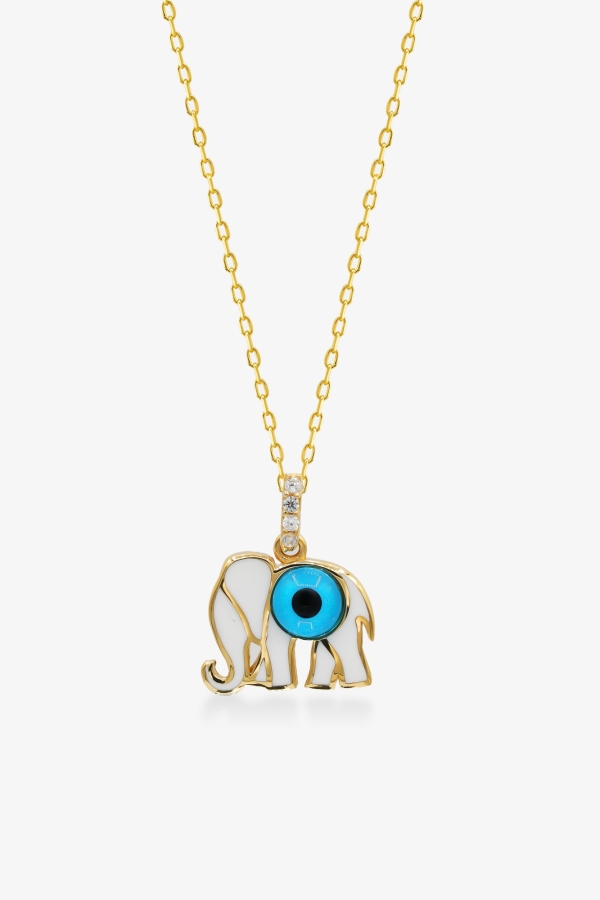 Gold Nazar Boncuklu Fil Desenli Altın Kolye
