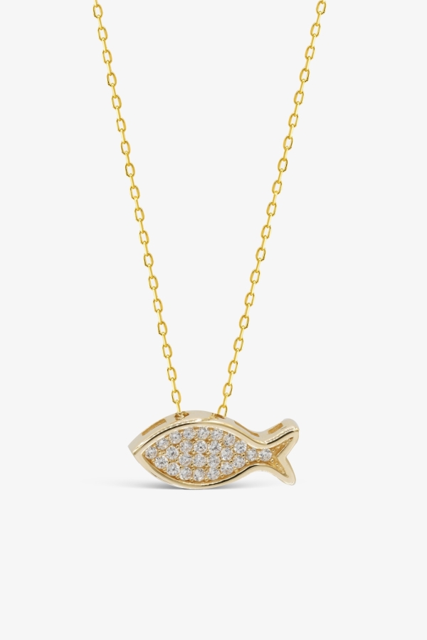 Gold Taşlı Balık Altın Kolye