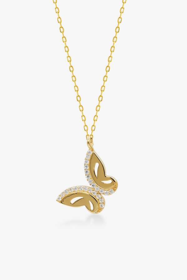 Gold Taşlı Kelebek Altın Kolye