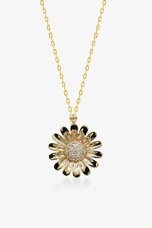 Gold Taşlı Papatya Altın Kolye