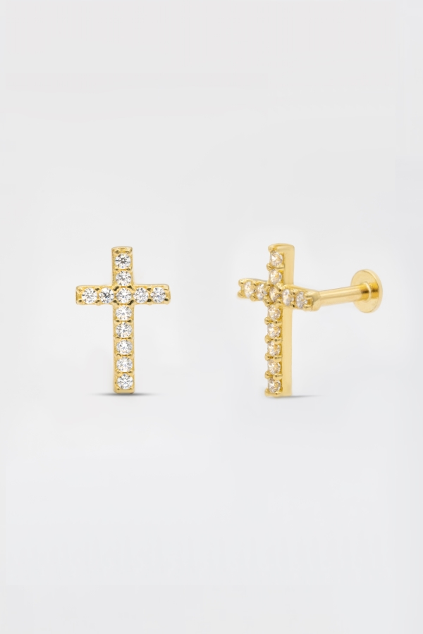 Gold Taşlı Haç Tragus Piercing